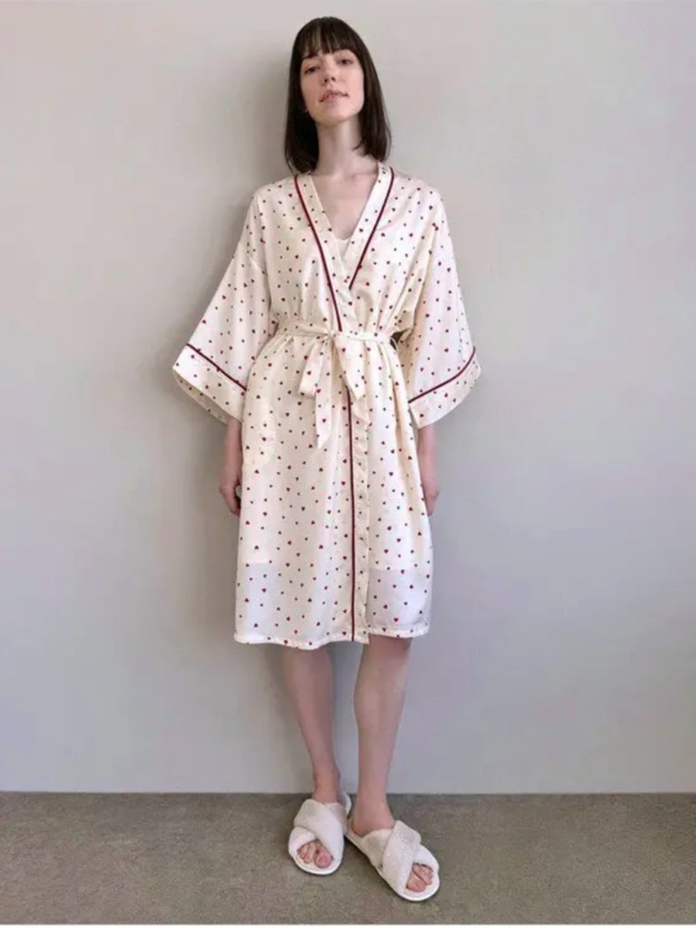 Splendid Nwt Satin Kimono Robe Heart Print Ivory Cream Red Hearts S/M